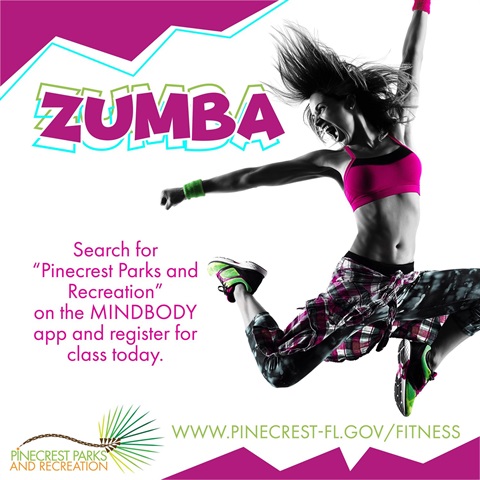 woman leaping with text about Zumba class